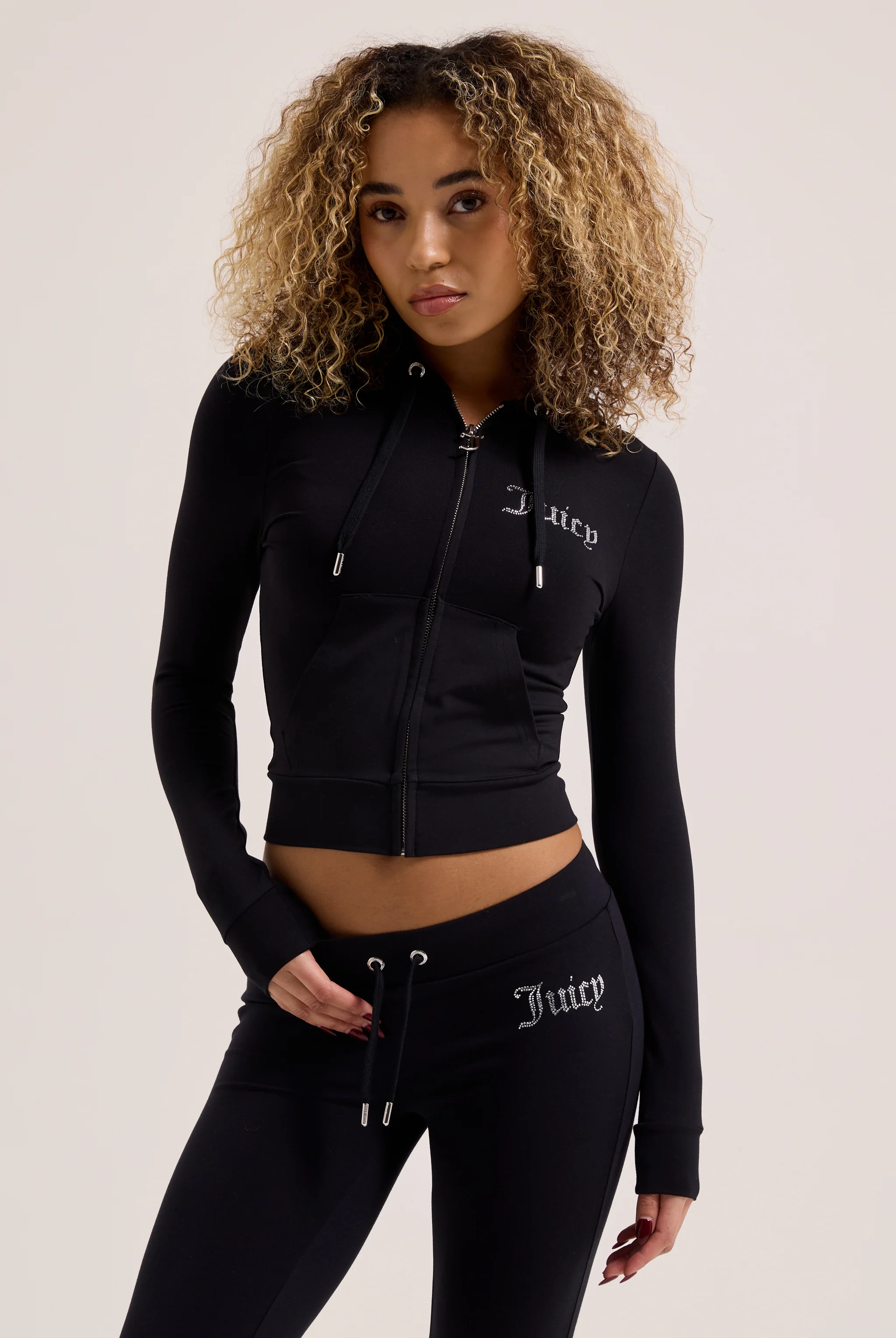 BLACK DIAMANTÉ LUXURY JERSEY ZIP-THROUGH HOODIE