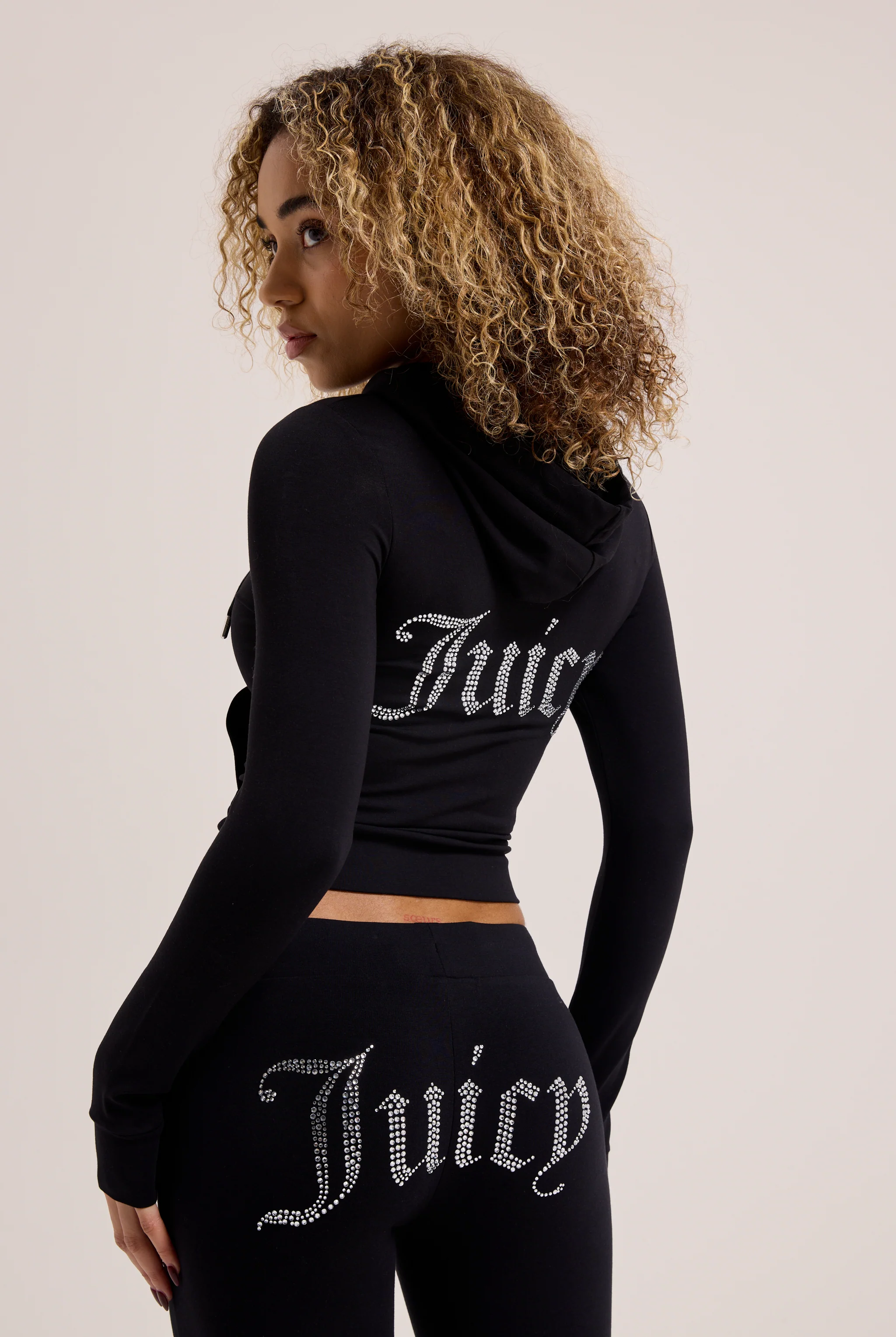 BLACK DIAMANTÉ LUXURY JERSEY ZIP-THROUGH HOODIE - Image 2