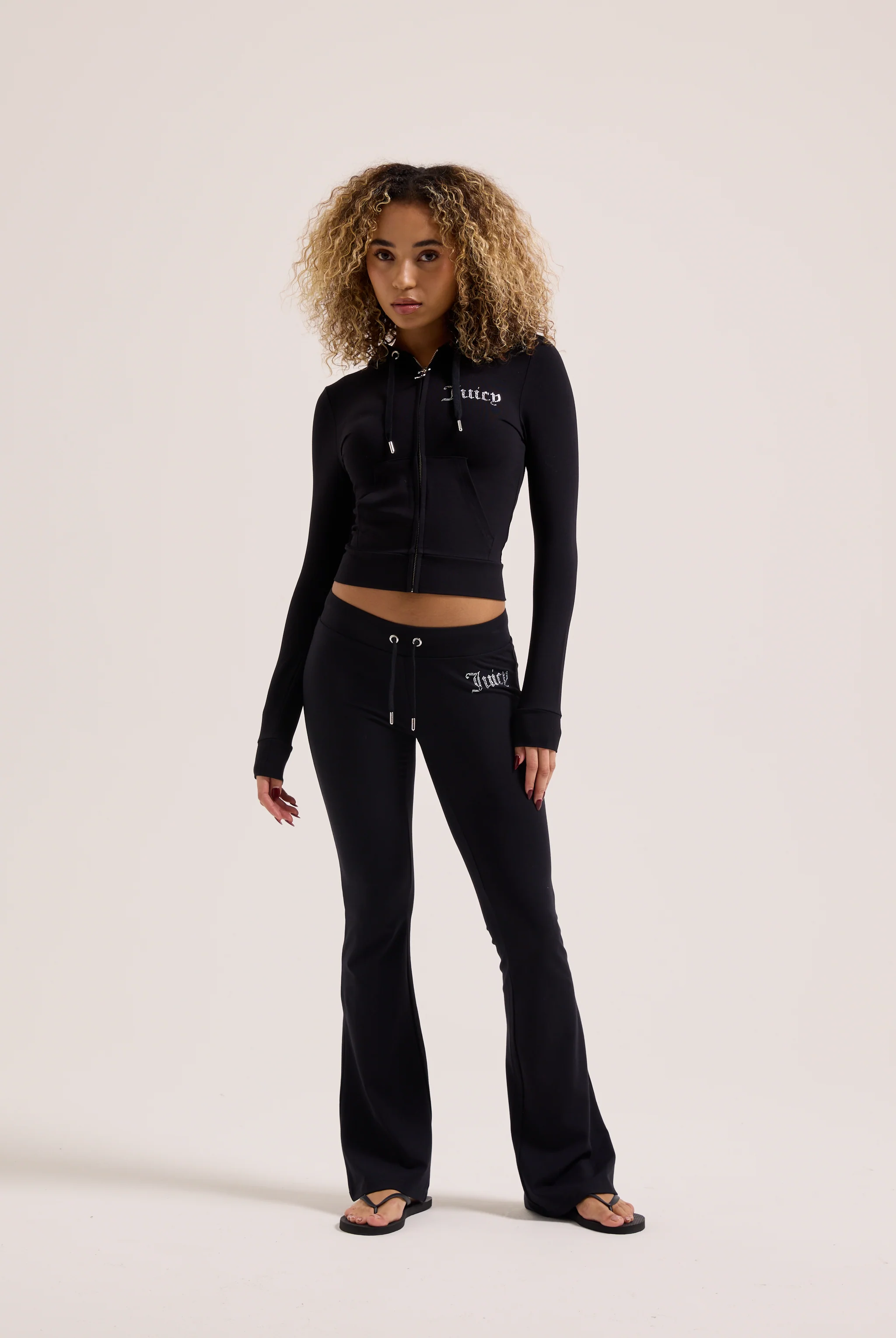 BLACK DIAMANTÉ LUXURY JERSEY ZIP-THROUGH HOODIE - Image 3