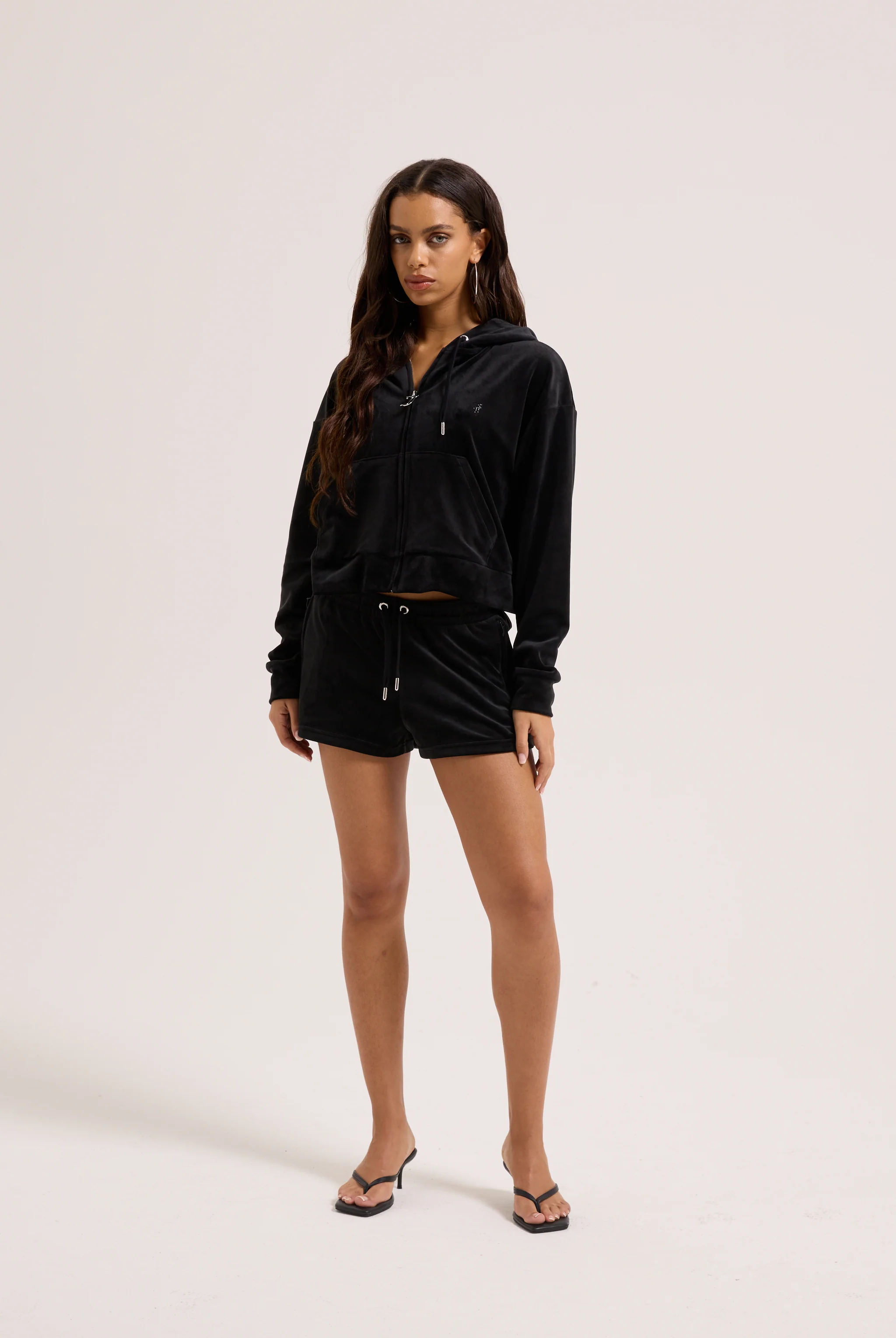 BLACK VELOUR OUTLINE DIAMANTÉ TRACK SHORTS - Image 7