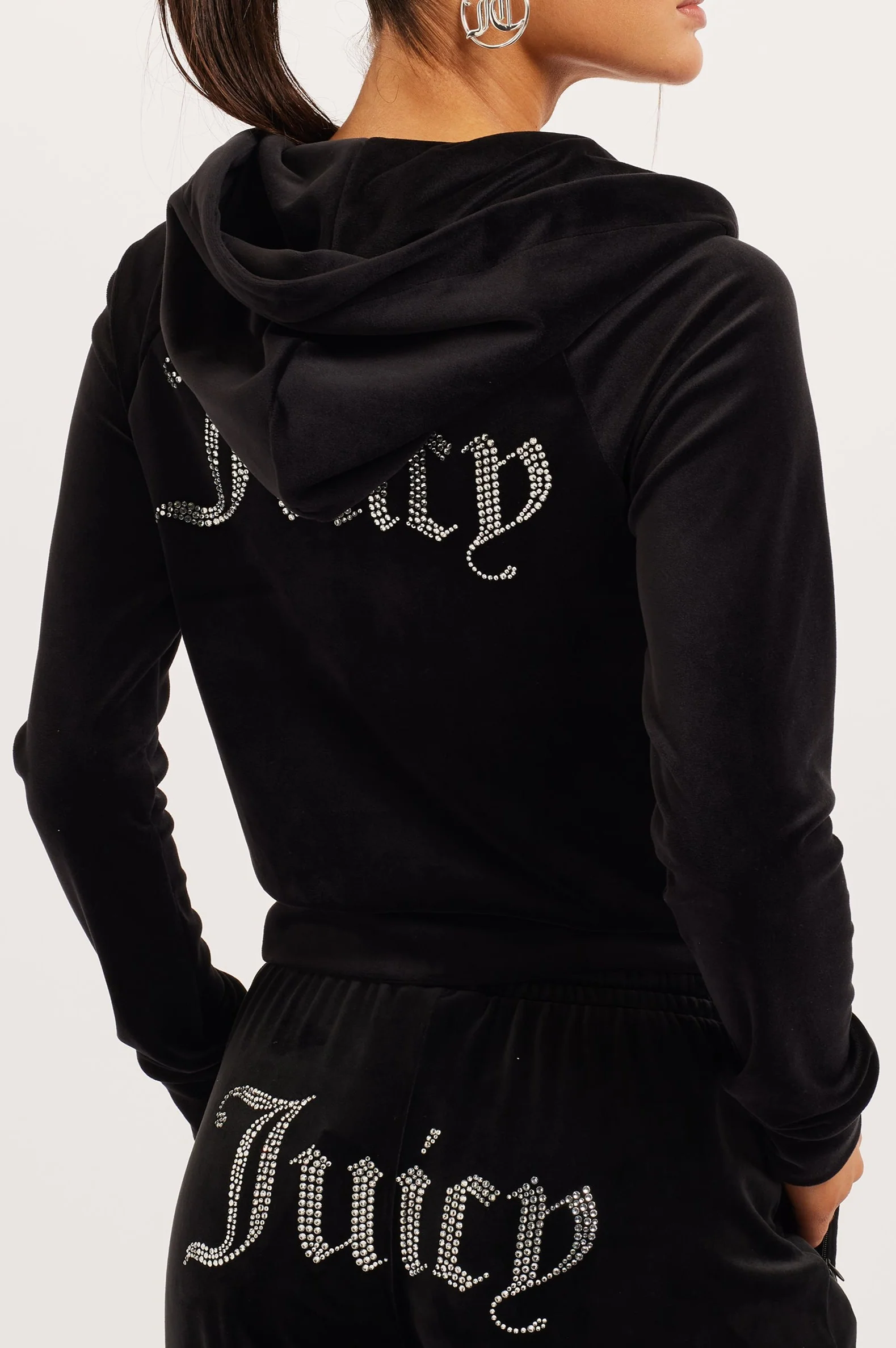 BLACK DIAMANTÉ VELOUR ZIP-THROUGH HOODIE - Image 3