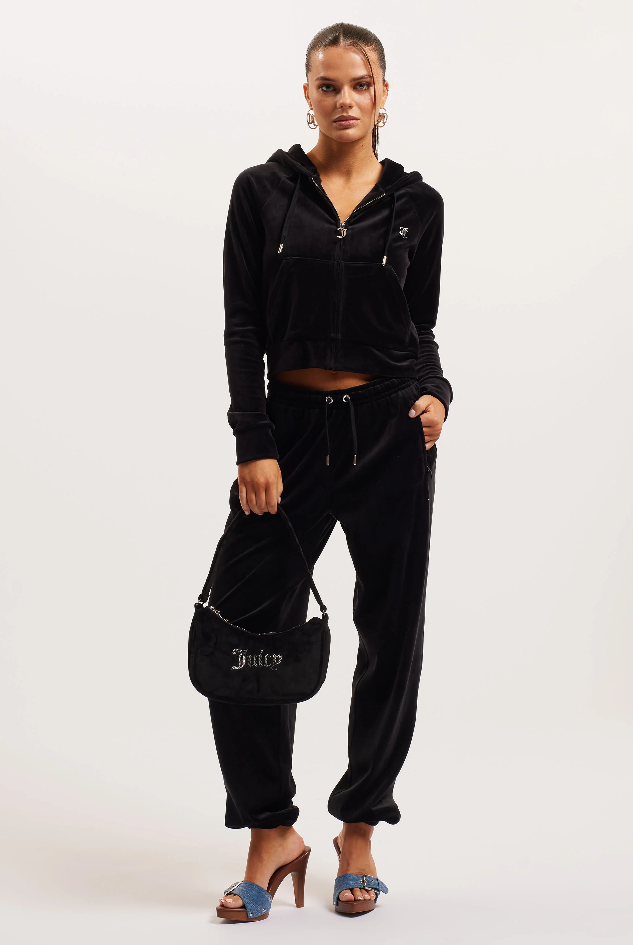 BLACK DIAMANTÉ VELOUR ZIP-THROUGH HOODIE - Image 4