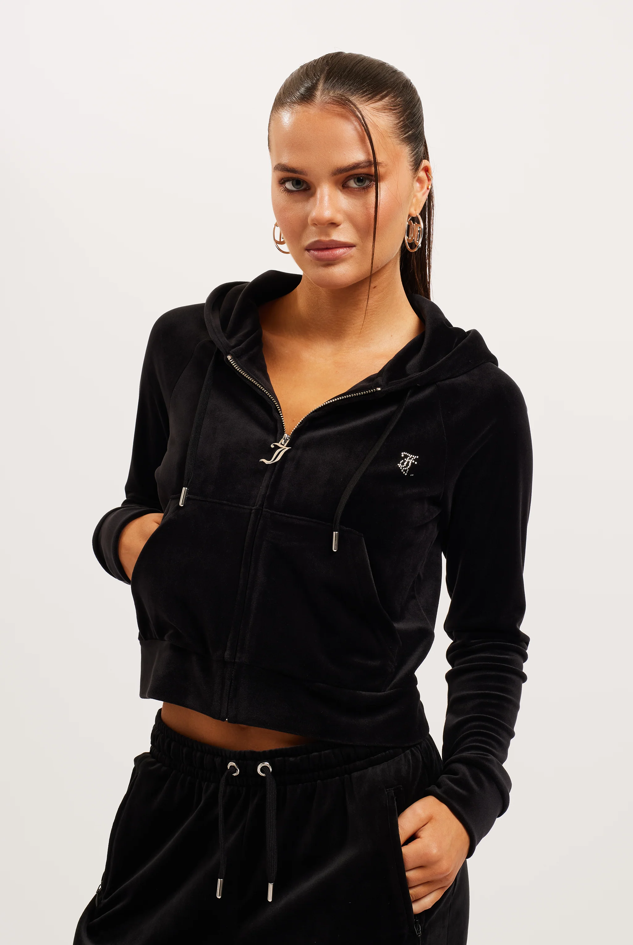 BLACK DIAMANTÉ VELOUR ZIP-THROUGH HOODIE - Image 8