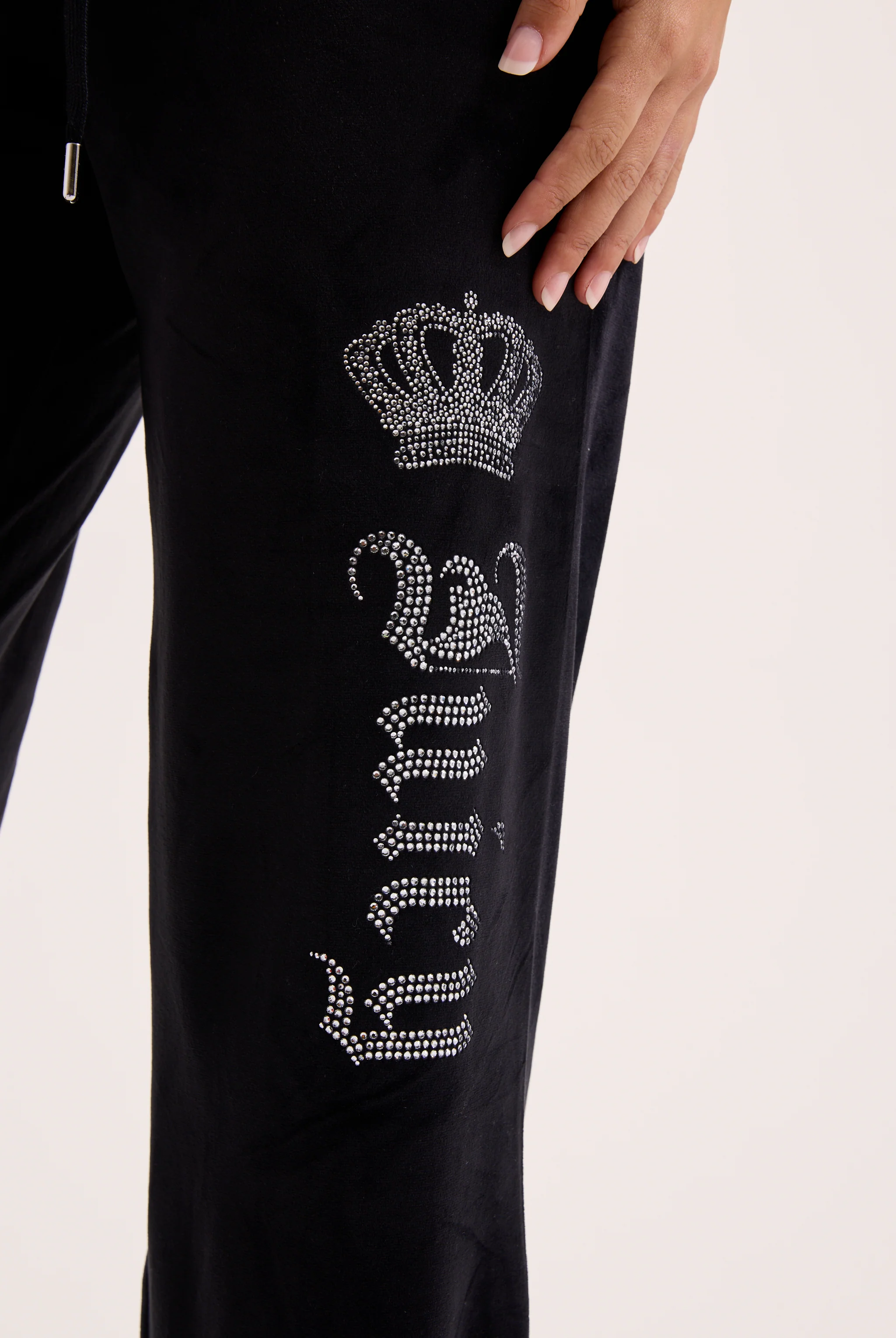BLACK DIAMANTÉ CROWN OG STRAIGHT LOW RISE VELOUR BOTTOMS - Image 4