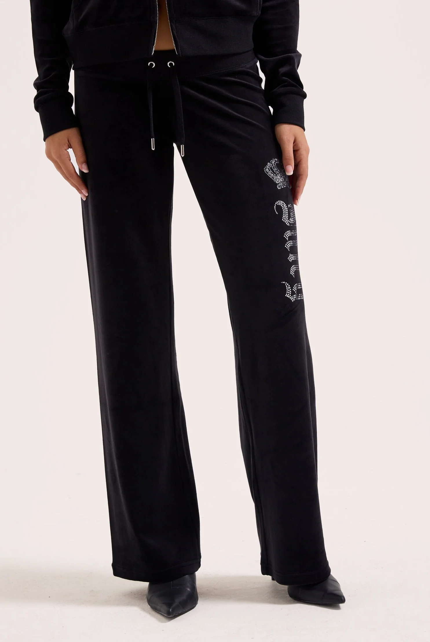 BLACK DIAMANTÉ CROWN OG STRAIGHT LOW RISE VELOUR BOTTOMS - Image 5