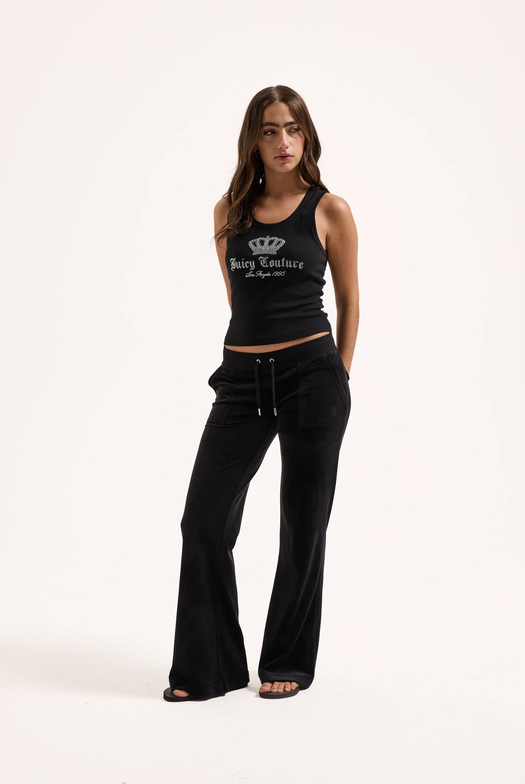 BLACK LOW RISE FLARE POCKET CLASSIC VELOUR TRACK PANT - Image 4