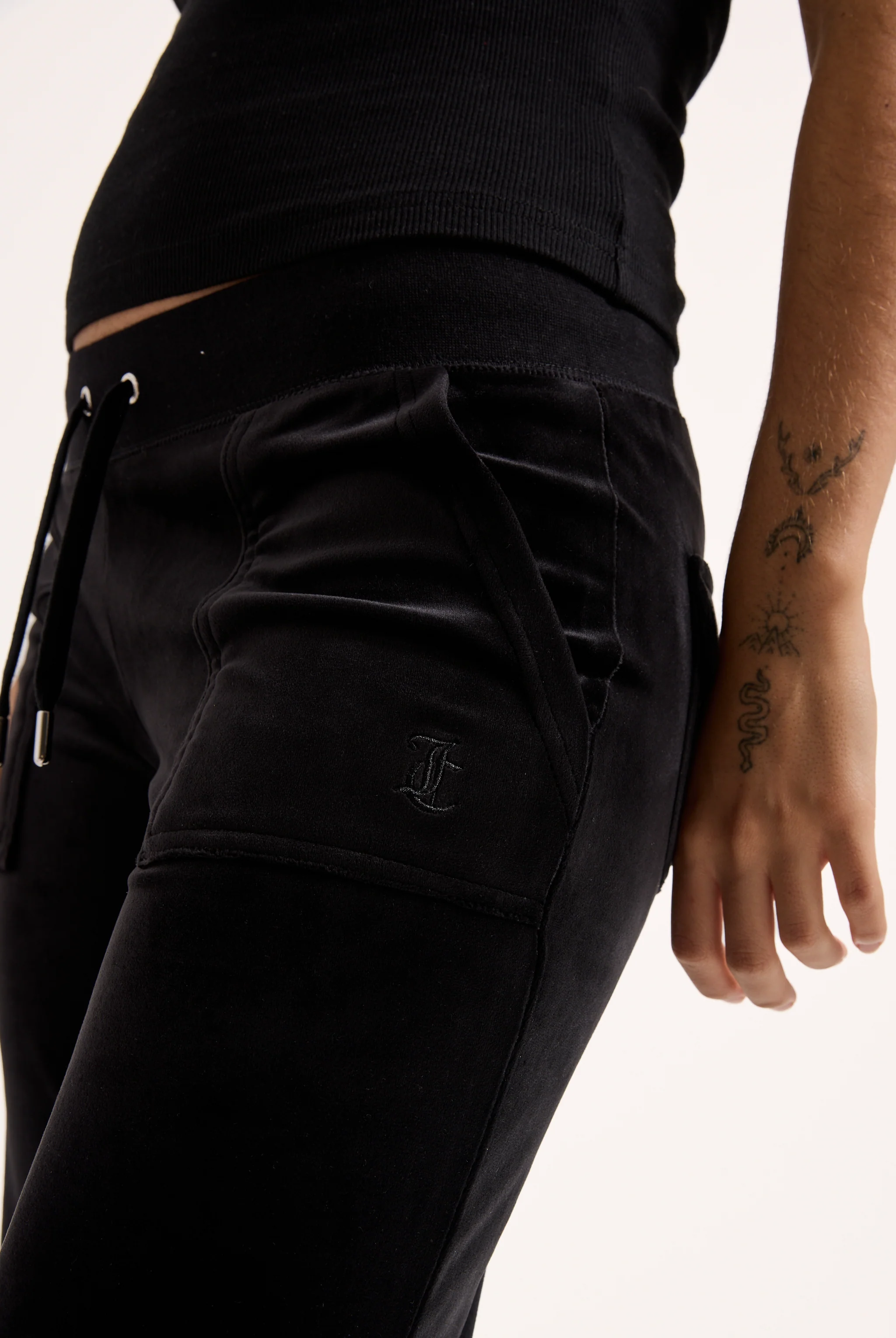 BLACK LOW RISE FLARE POCKET CLASSIC VELOUR TRACK PANT - Image 7