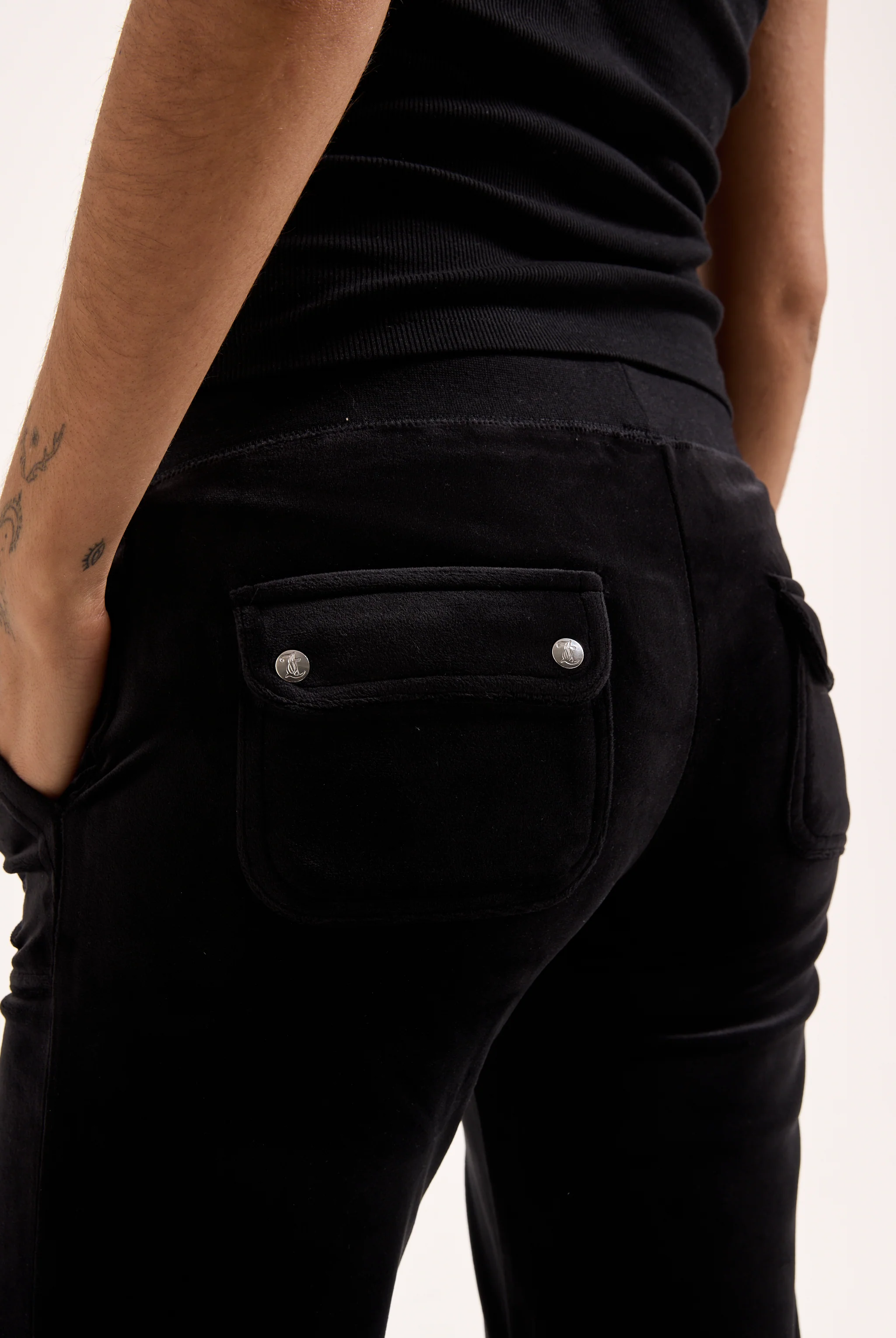BLACK LOW RISE FLARE POCKET CLASSIC VELOUR TRACK PANT - Image 8