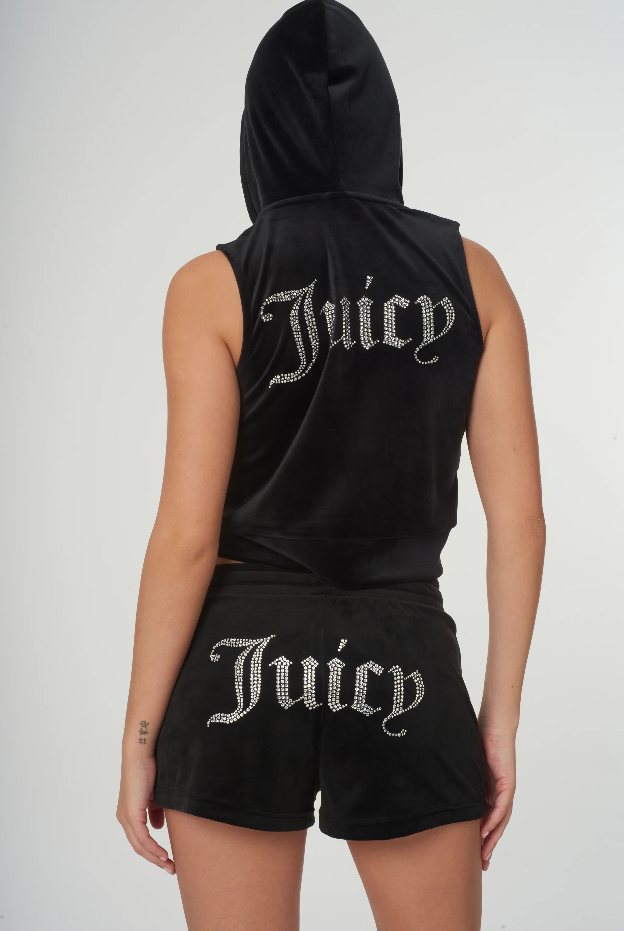 BLACK VELOUR DIAMANTÉ TRACK SHORTS - Image 8