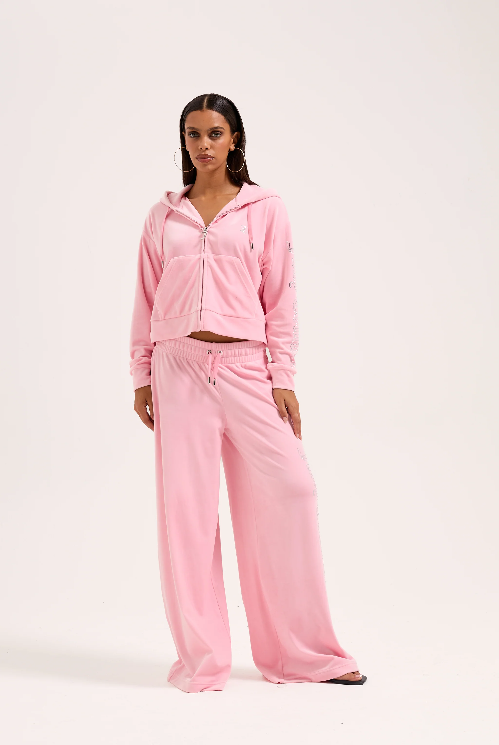 JUICY PINK OUTLINE DIAMANTÉ WIDE LEG VELOUR TRACK PANT