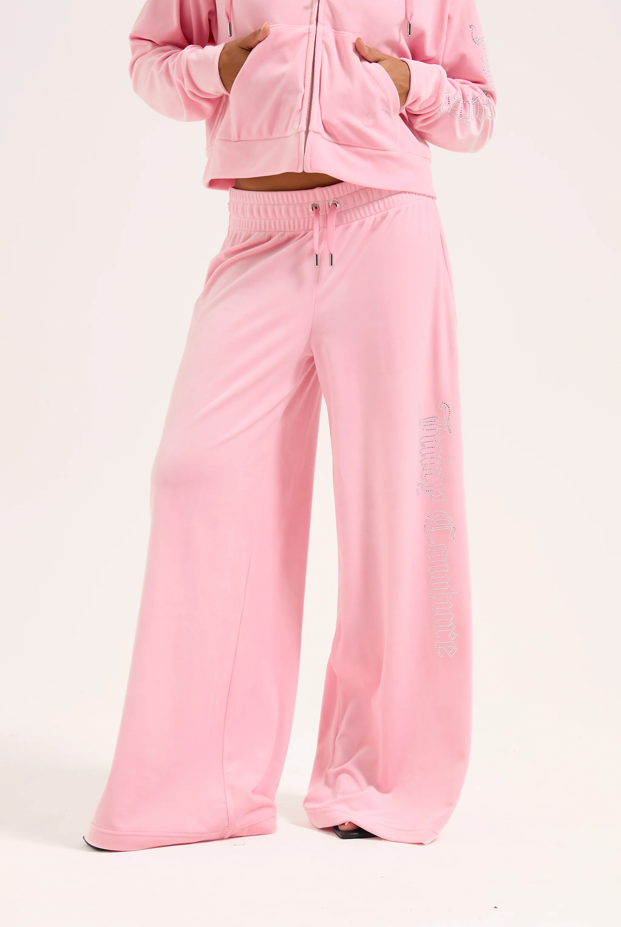 JUICY PINK OUTLINE DIAMANTÉ WIDE LEG VELOUR TRACK PANT - Image 6