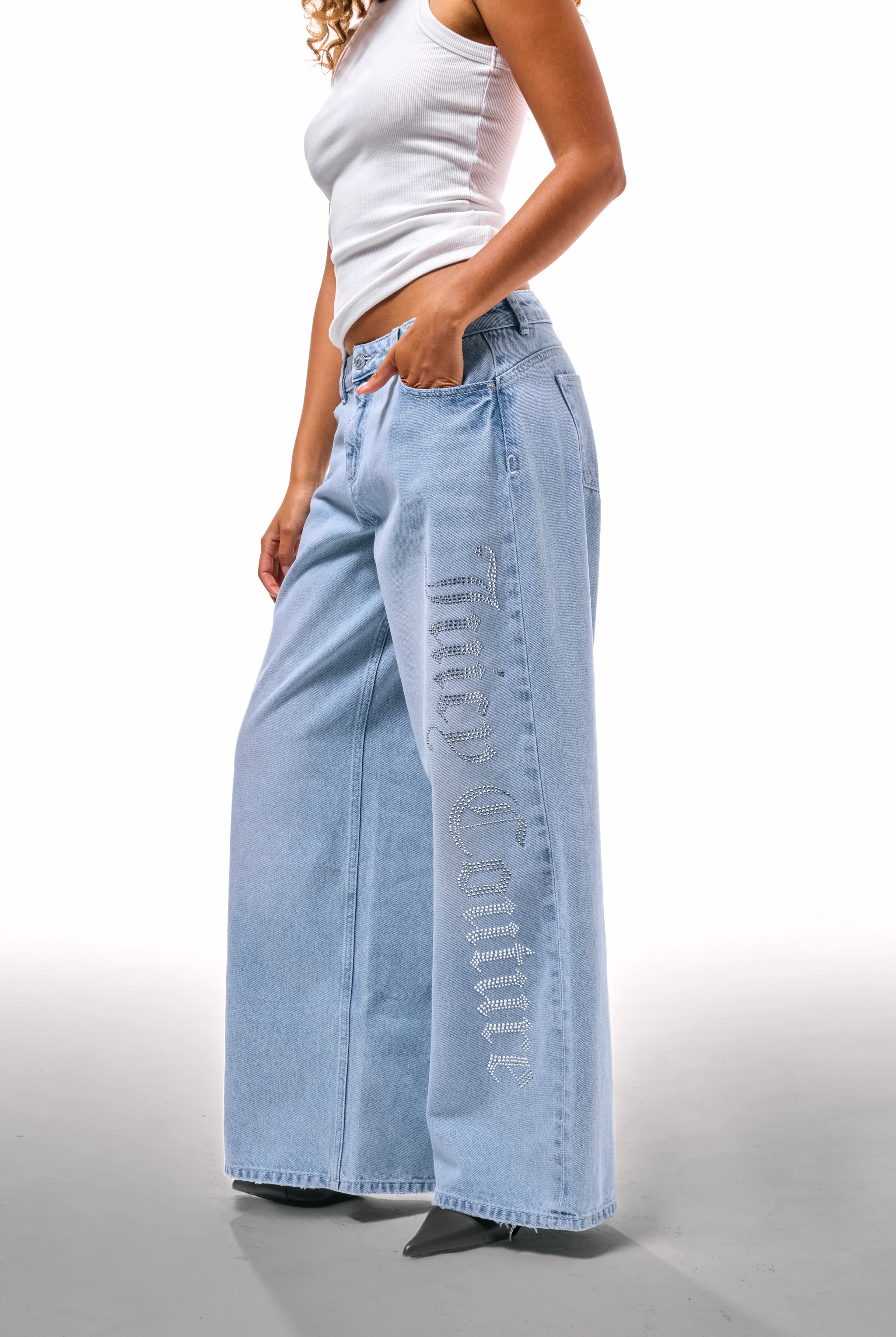 LIGHT WASH DIAMANTÉ WIDE LEG JEANS - Image 8