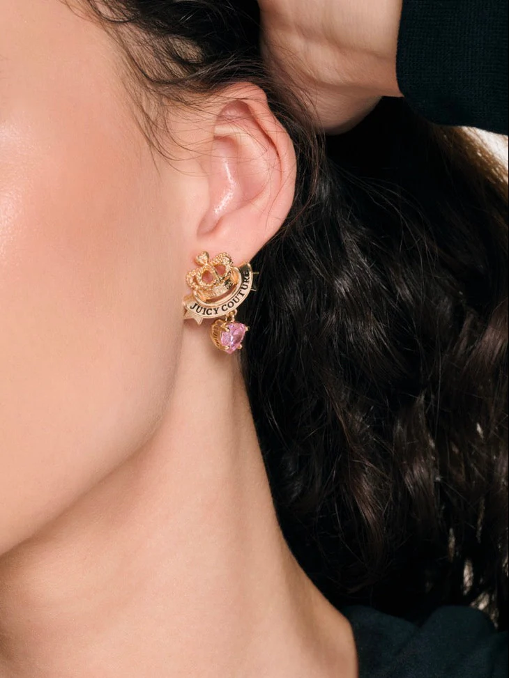 GOLD TONE CROWN & CRYSTAL HEART DROP EARRINGS - Image 2