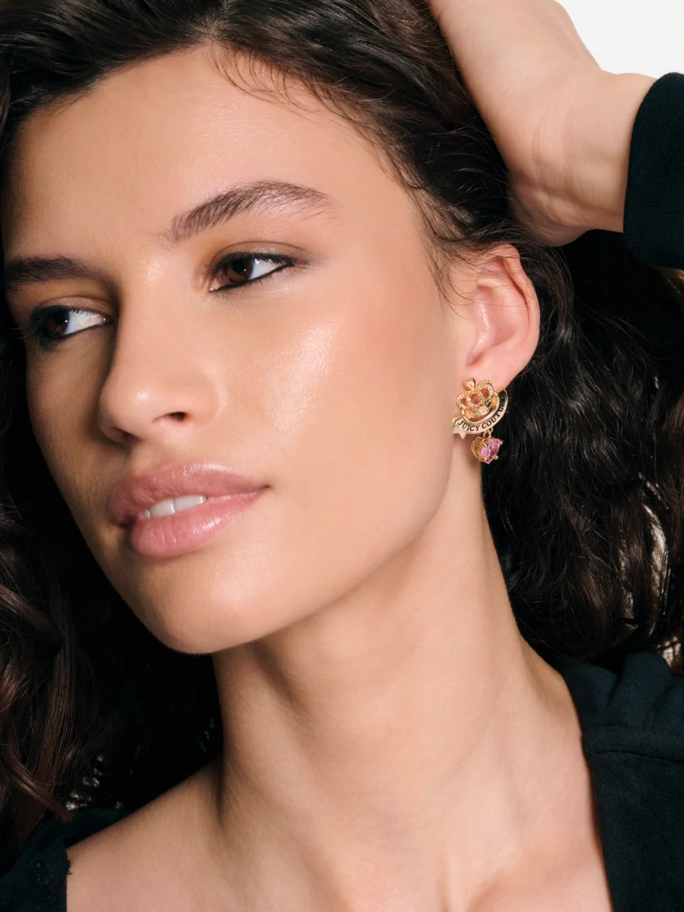 GOLD TONE CROWN & CRYSTAL HEART DROP EARRINGS - Image 4