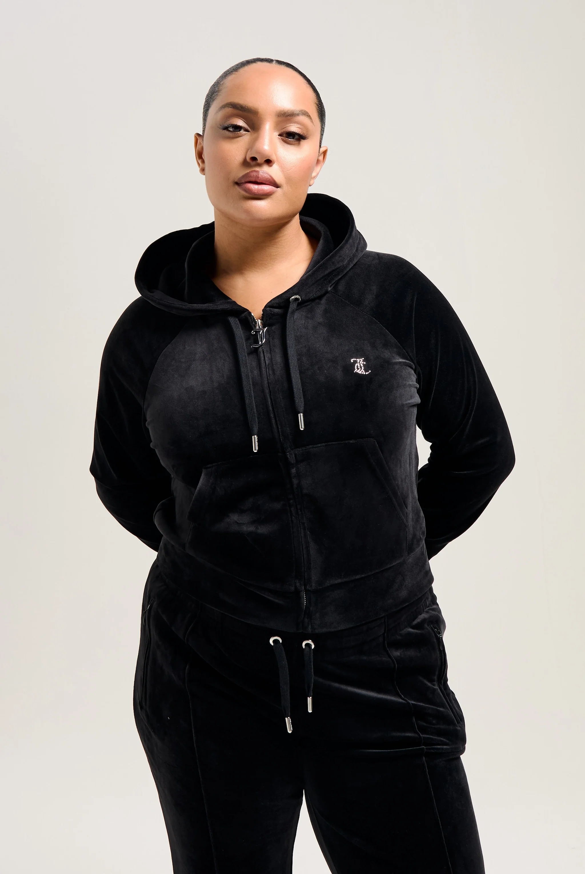 'LEO' BLACK DIAMANTÉ VELOUR ZIP-THROUGH HOODIE - Image 3