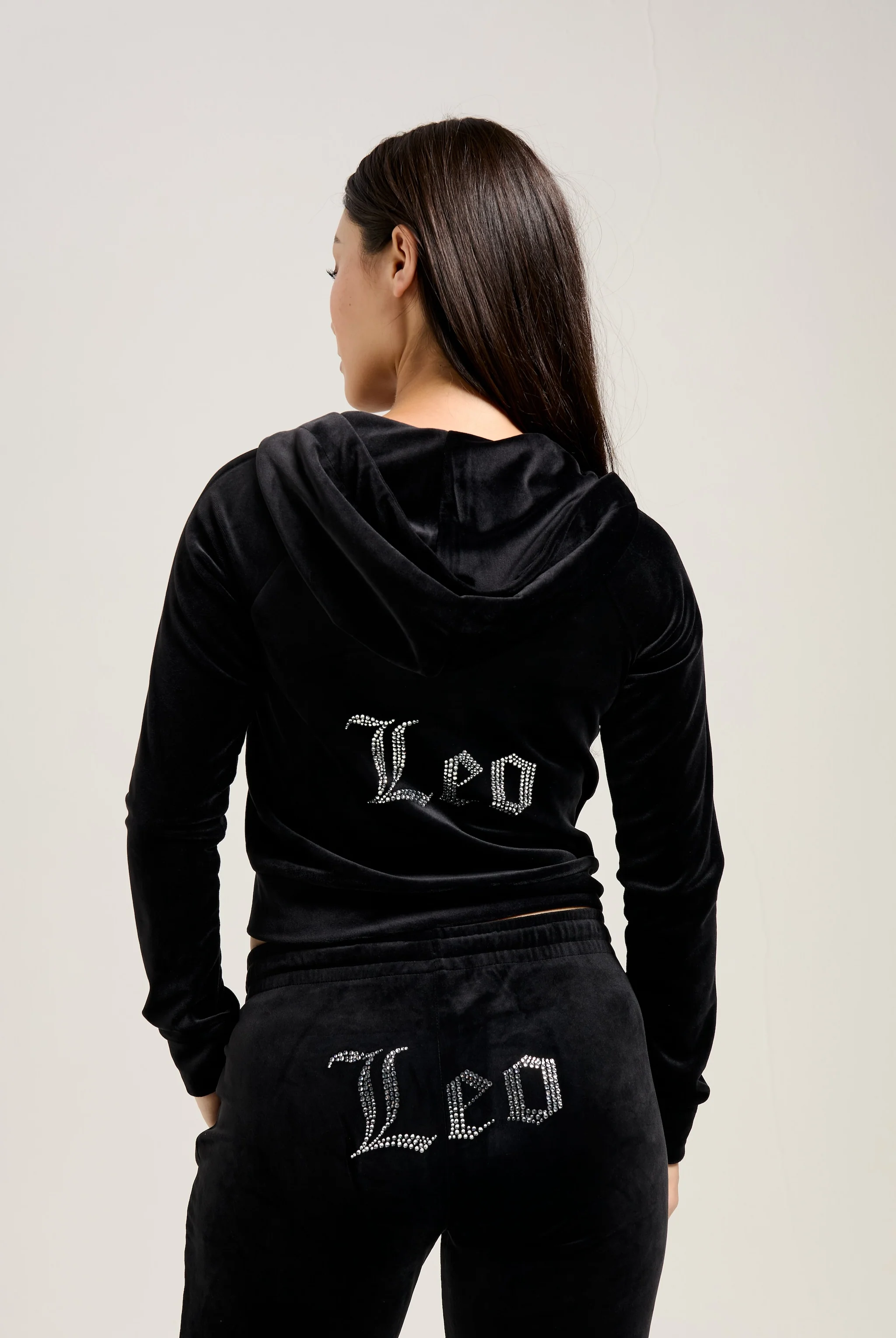 'LEO' BLACK DIAMANTÉ VELOUR ZIP-THROUGH HOODIE - Image 6