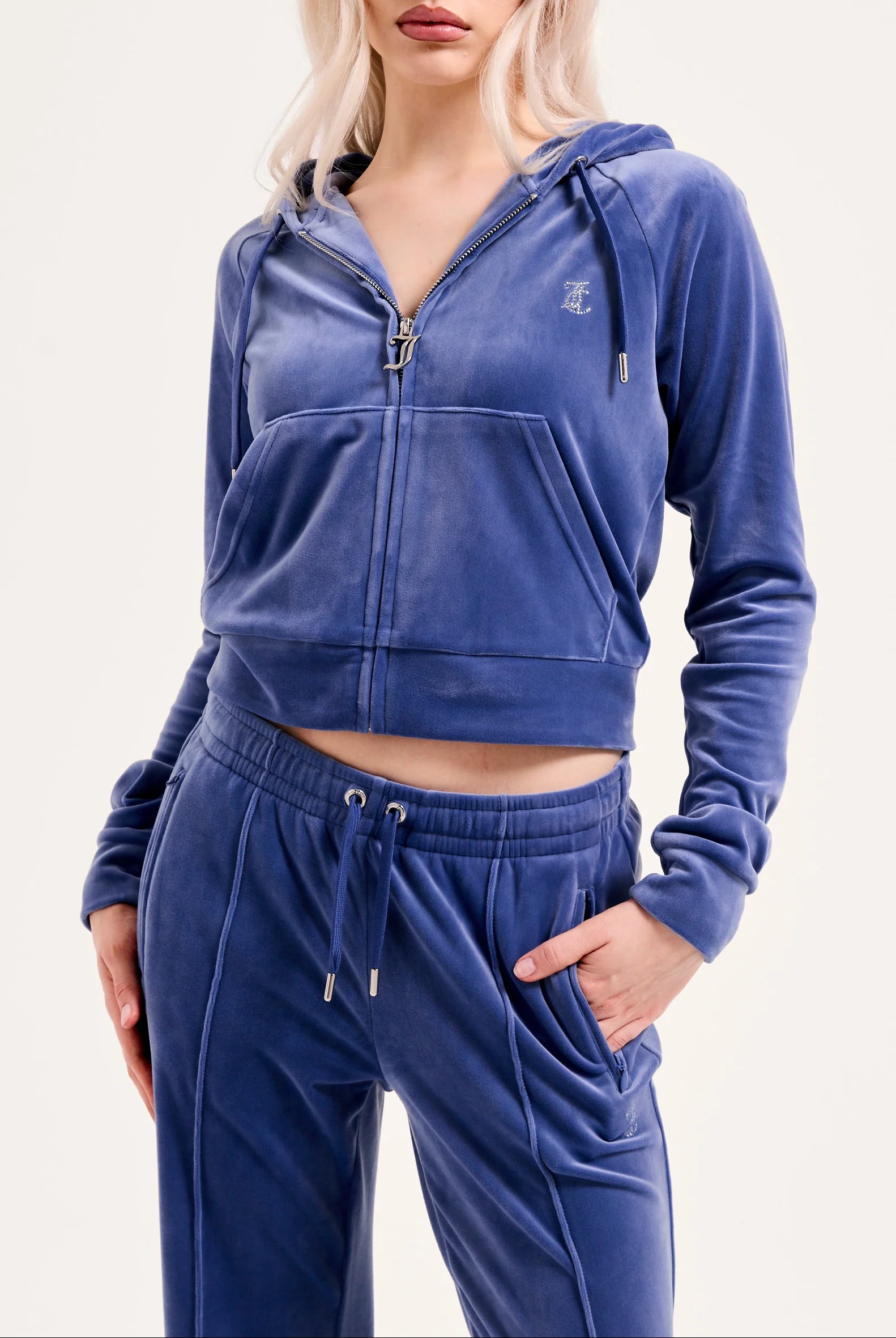 GREY BLUE DIAMANTÉ VELOUR ZIP-THROUGH HOODIE - Image 3