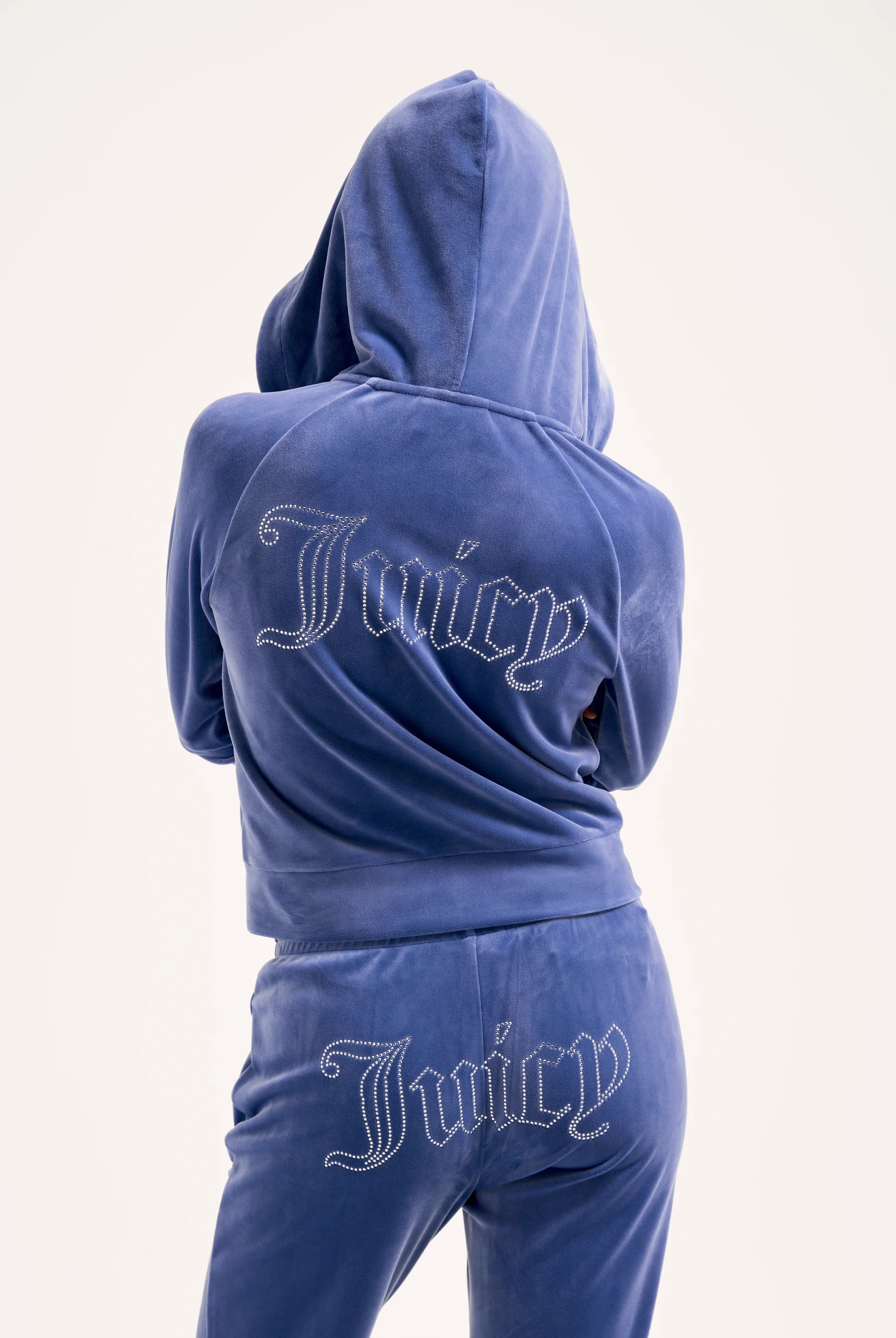 GREY BLUE DIAMANTÉ VELOUR ZIP-THROUGH HOODIE - Image 4