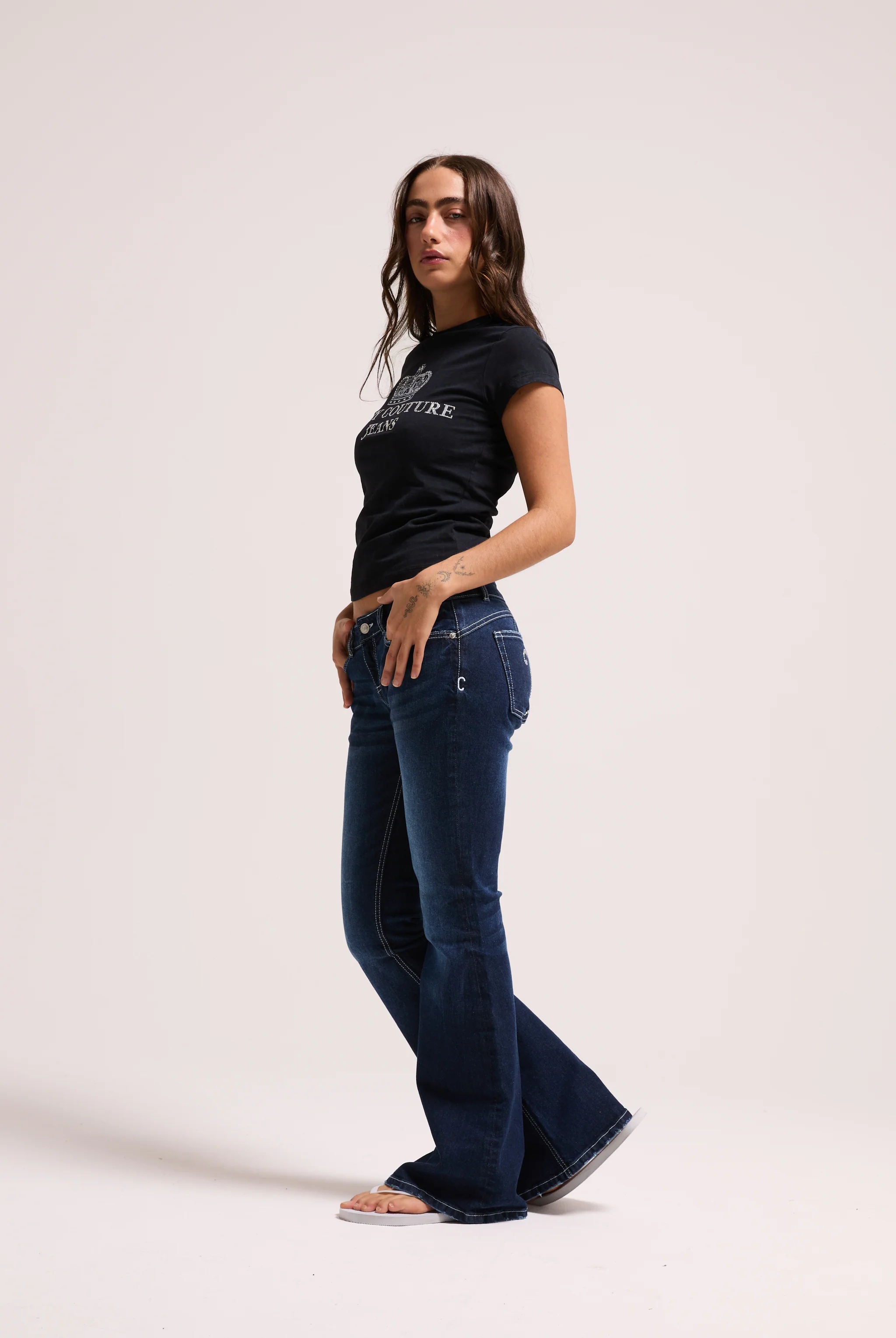MID WASH DIAMANTÉ LOW RISE FLARE JEAN - Image 2