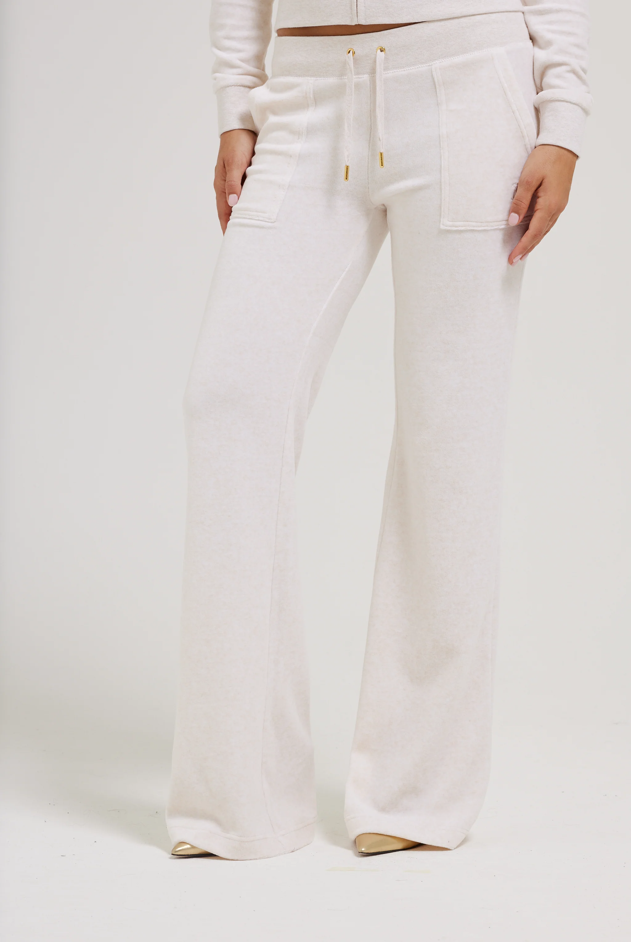 OATMEAL MARL & GOLD LOW RISE FLARE CLASSIC VELOUR TRACK PANT - Image 3