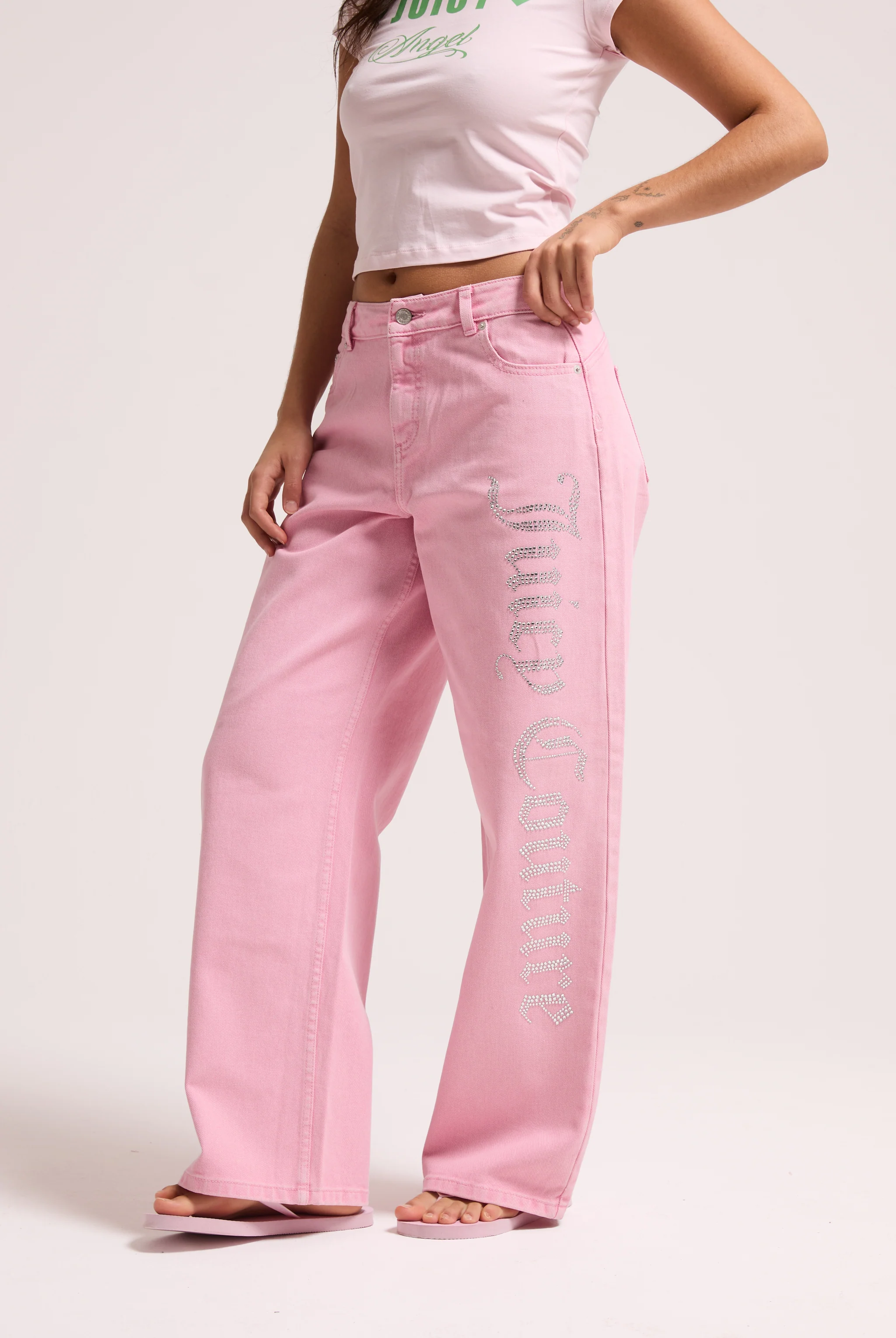 PINK WASH DIAMANTÉ WIDE LEG JEANS - Image 6