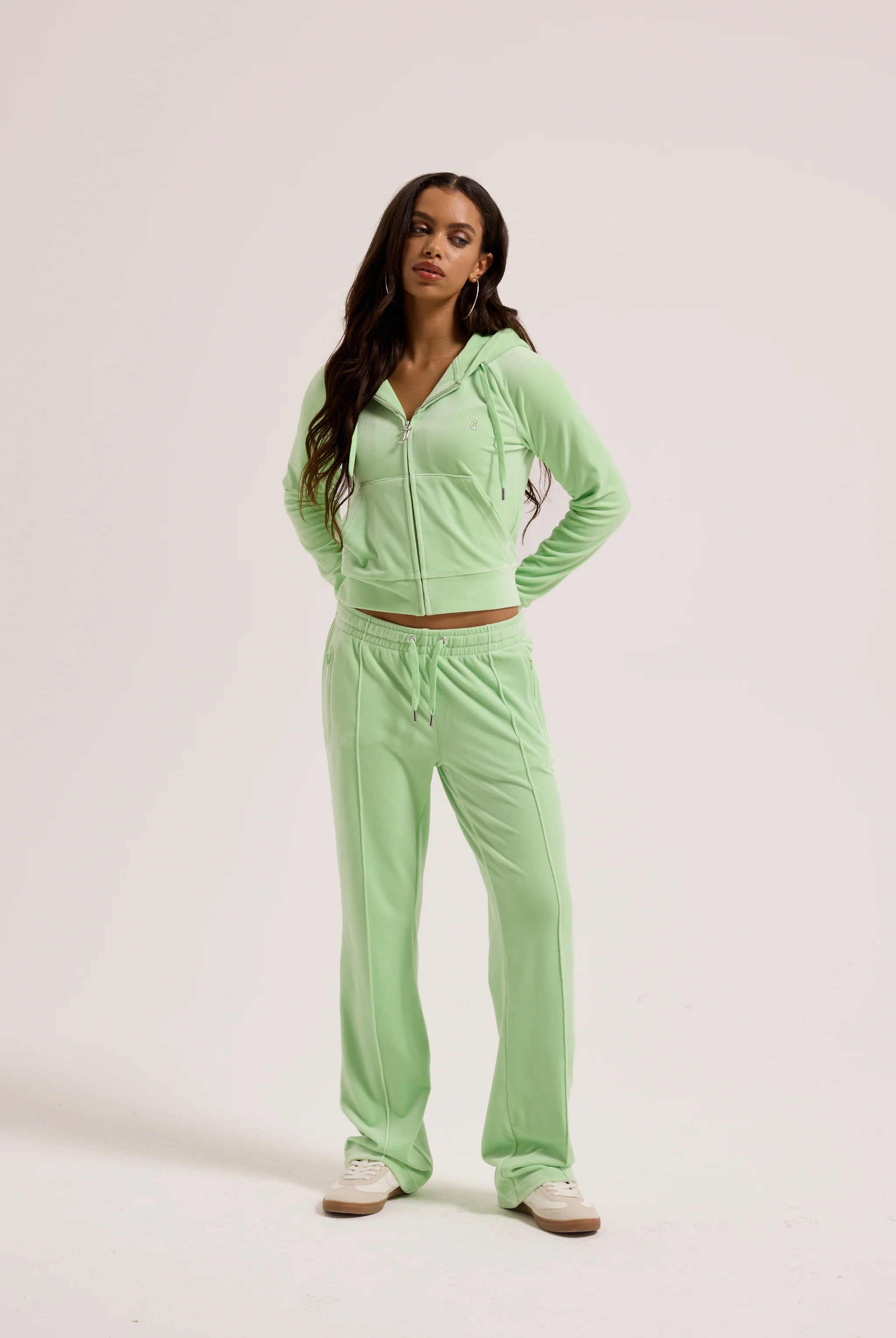 PISTACHIO GREEN VELOUR OUTLINE DIAMANTÉ TRACKSUIT BOTTOM - Image 3