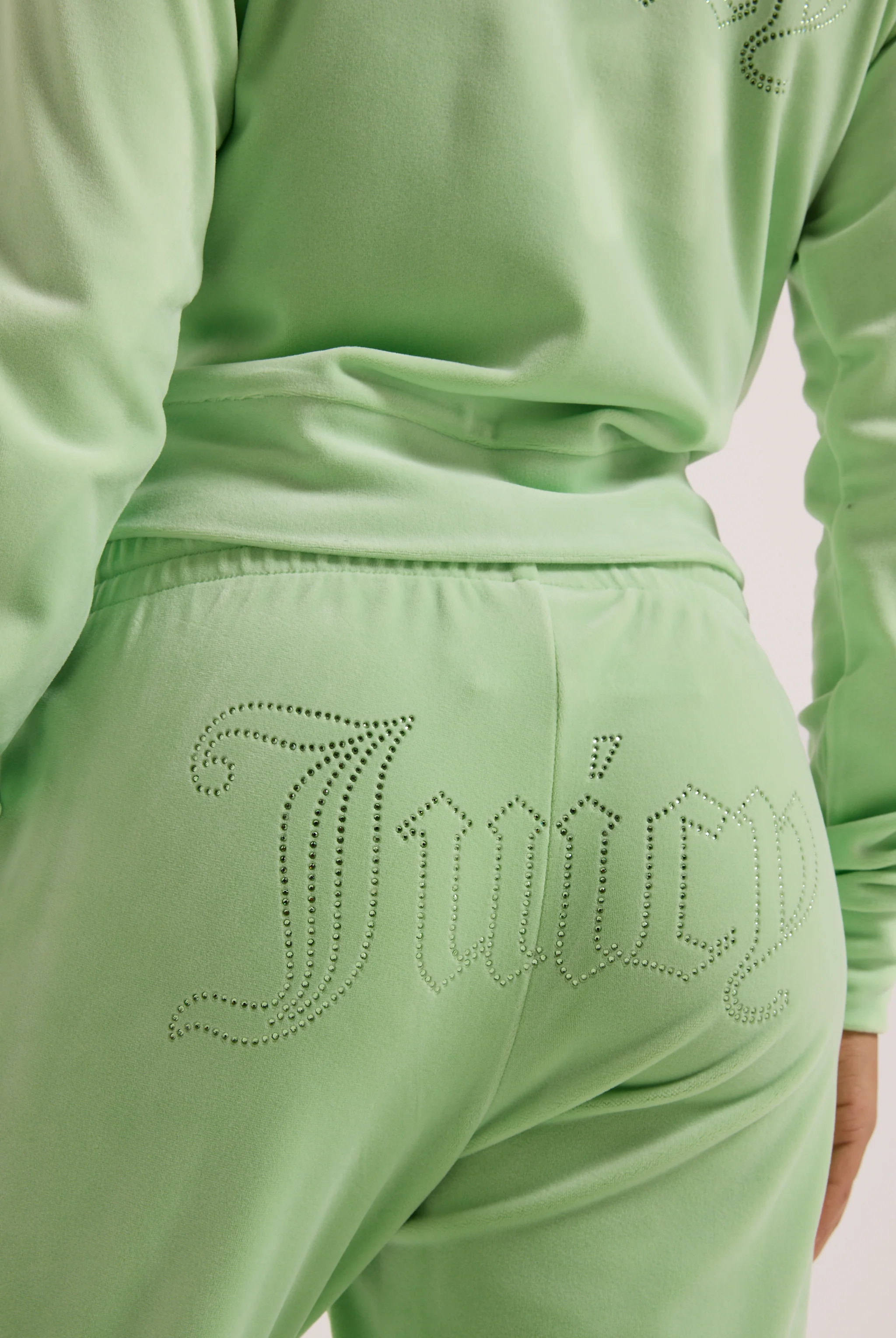 PISTACHIO GREEN VELOUR OUTLINE DIAMANTÉ TRACKSUIT BOTTOM - Image 6