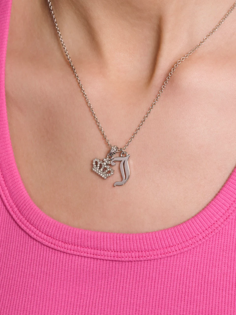 SILVER TONE CRYSTAL MOTIF CROWN & J CHARM PENDANT - Image 2