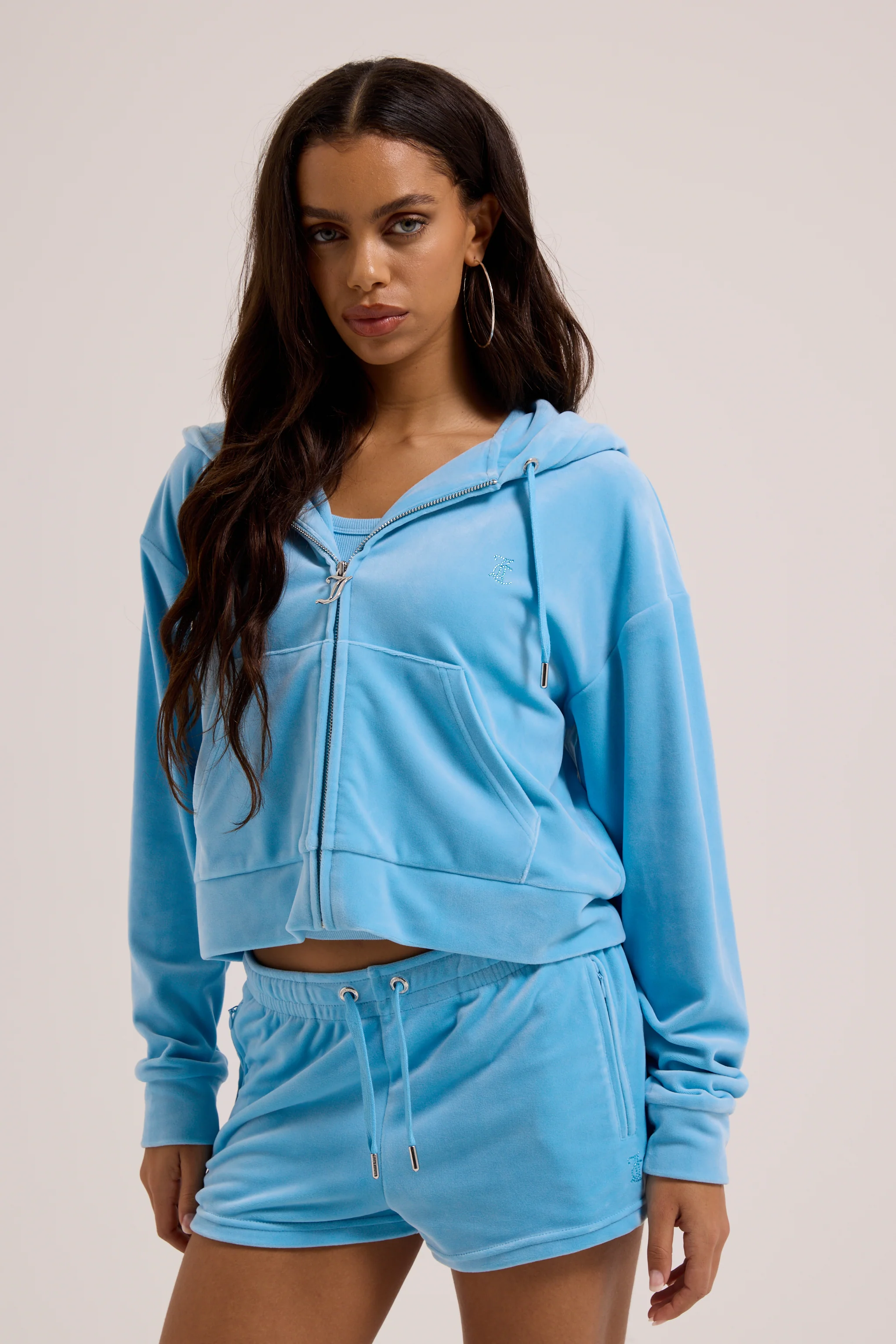 SKY BLUE VELOUR OUTLINE DIAMANTÉ TRACK SHORTS - Image 3