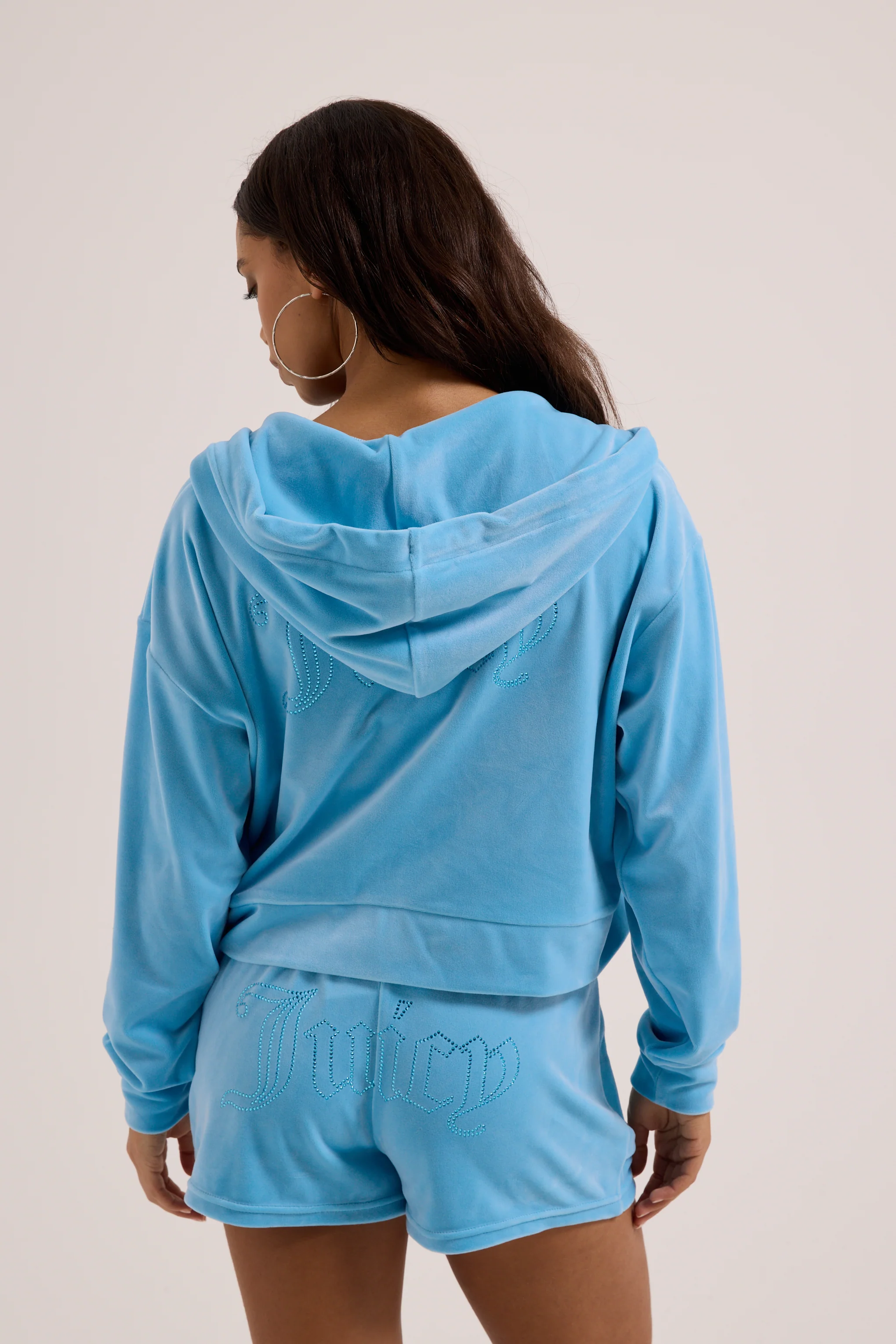 SKY BLUE VELOUR OUTLINE DIAMANTÉ TRACK SHORTS - Image 6