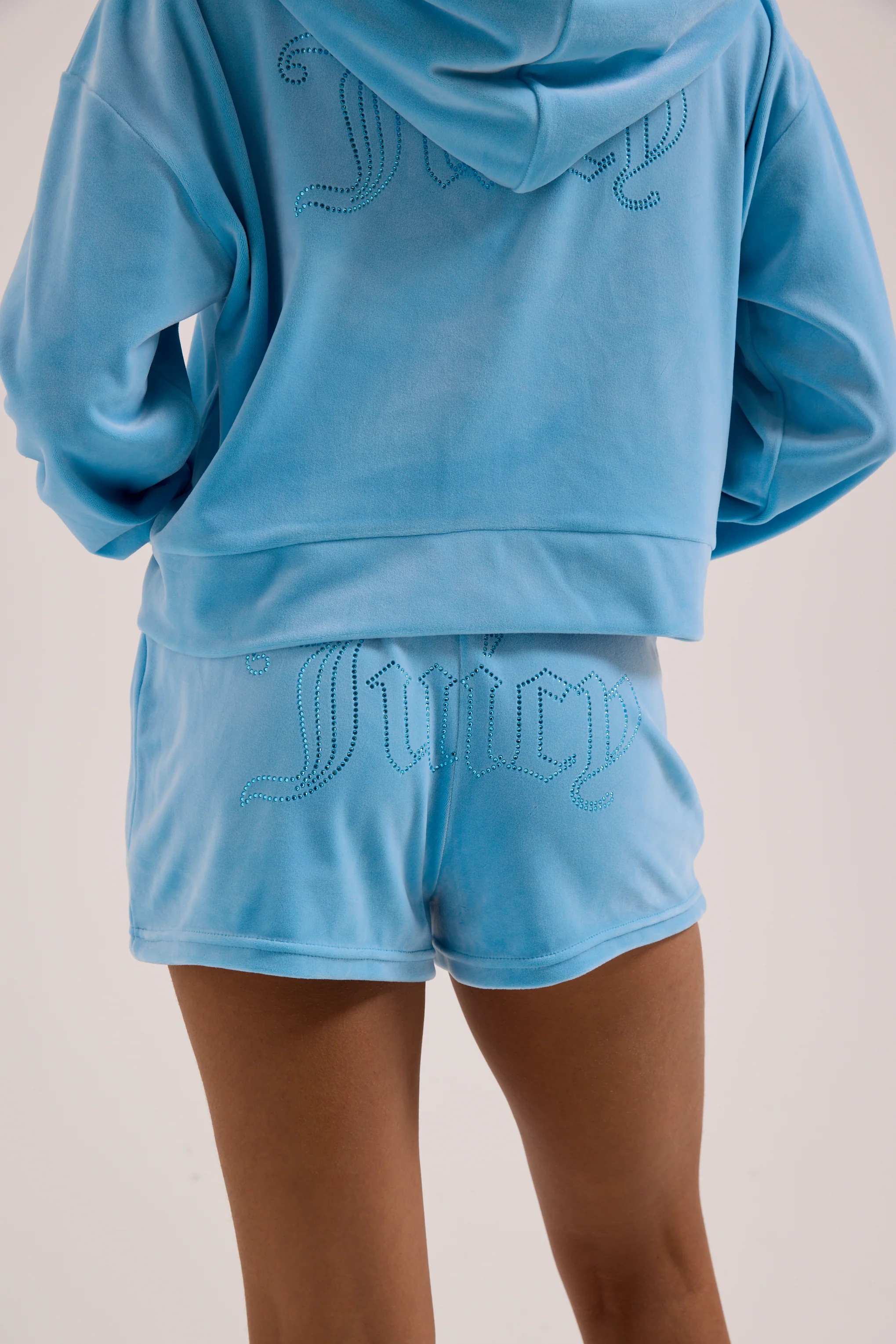 SKY BLUE VELOUR OUTLINE DIAMANTÉ TRACK SHORTS - Image 7