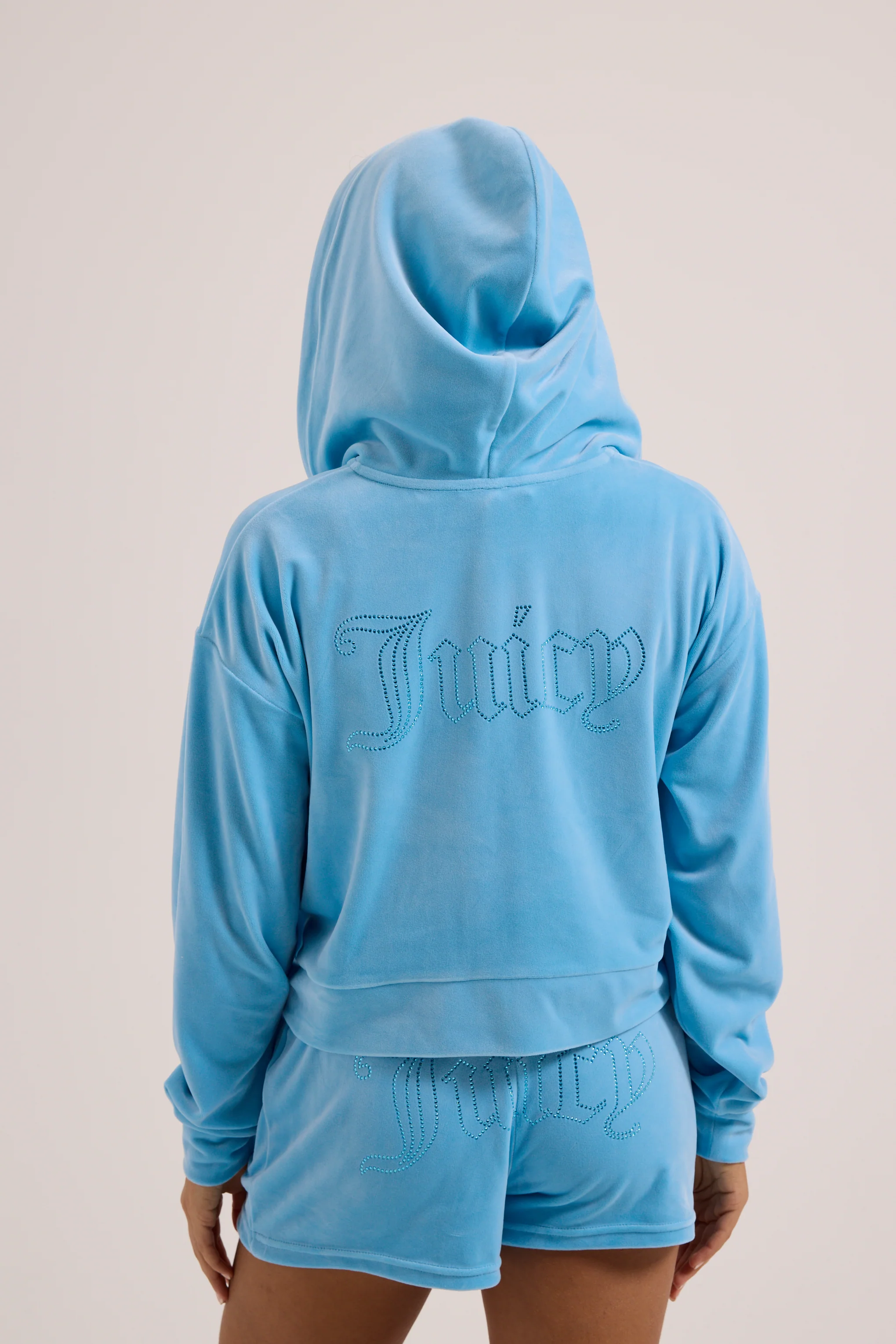 SKY BLUE VELOUR OUTLINE DIAMANTÉ TRACK SHORTS - Image 8