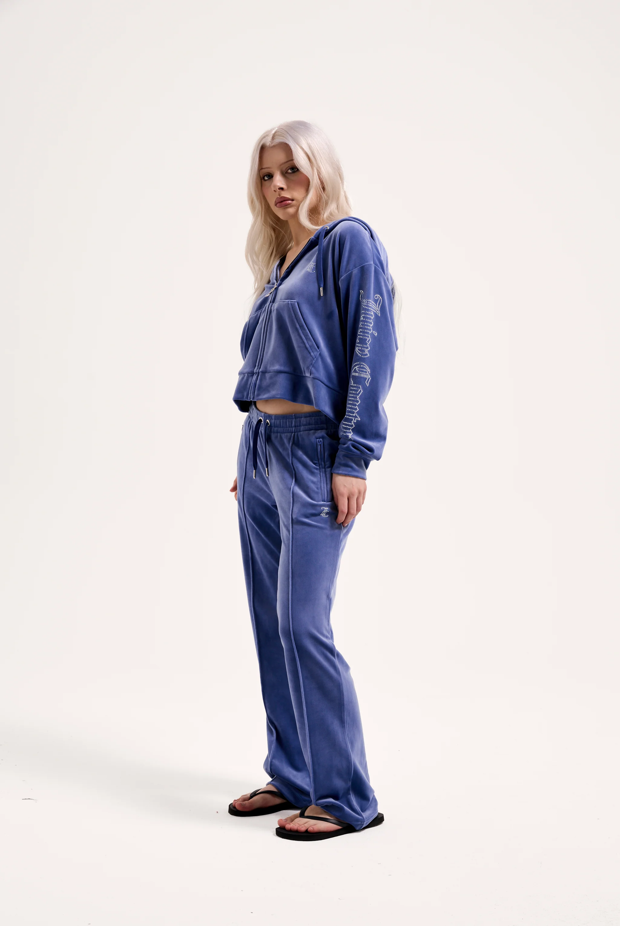 GREY BLUE VELOUR OUTLINE DIAMANTÉ TRACKSUIT BOTTOM - Image 4