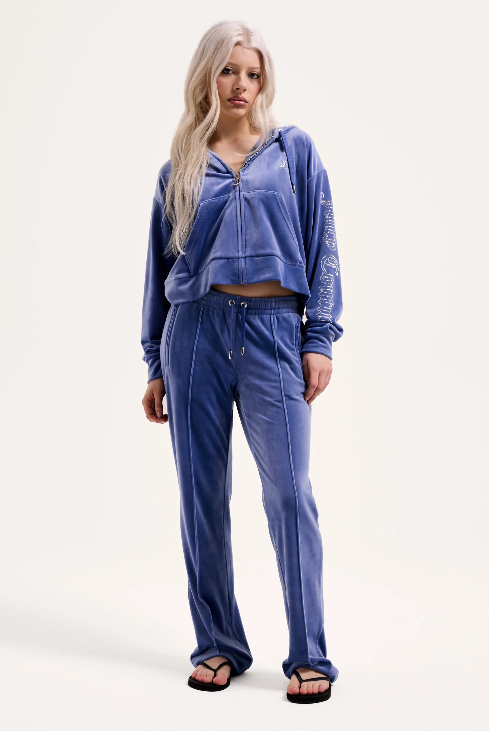 GREY BLUE VELOUR OUTLINE DIAMANTÉ TRACKSUIT BOTTOM - Image 8