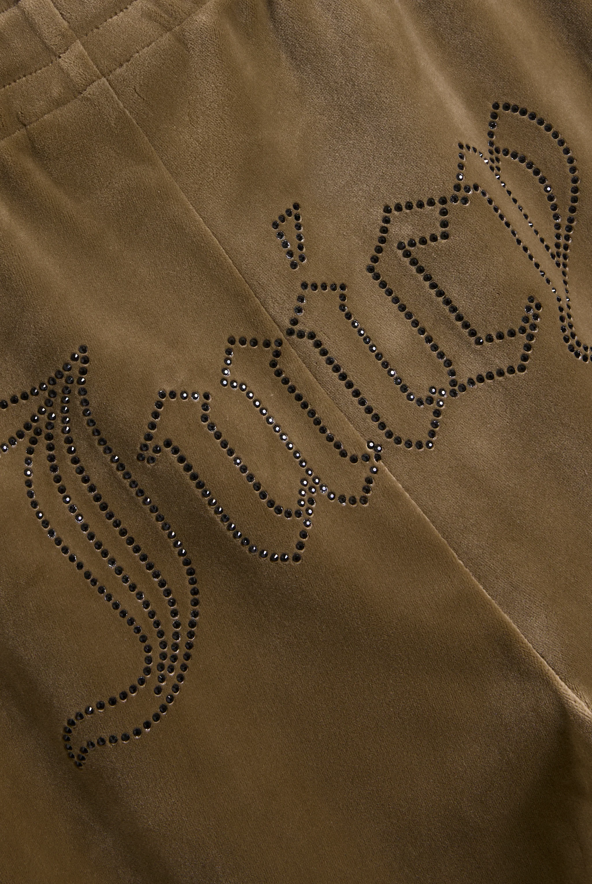 DARK OLIVE VELOUR OUTLINE DIAMANTÉ TRACKSUIT BOTTOM - Image 4
