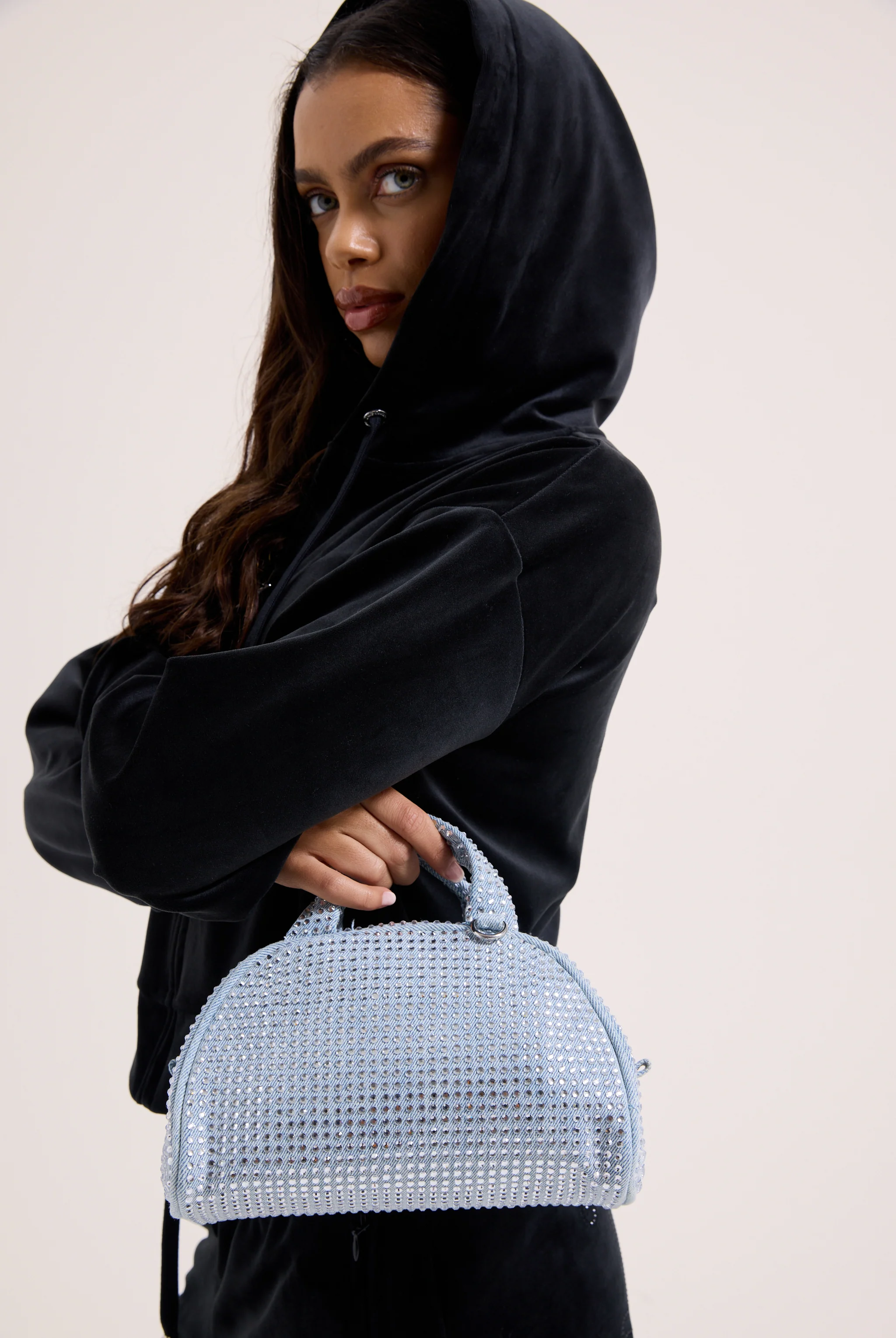 WASHED BLUE DENIM & DIAMANTÉ BOWLING HANDBAG - Image 3
